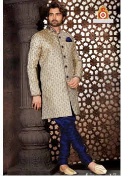 Designer Cream Navy Blue Indo Western Sherwani1